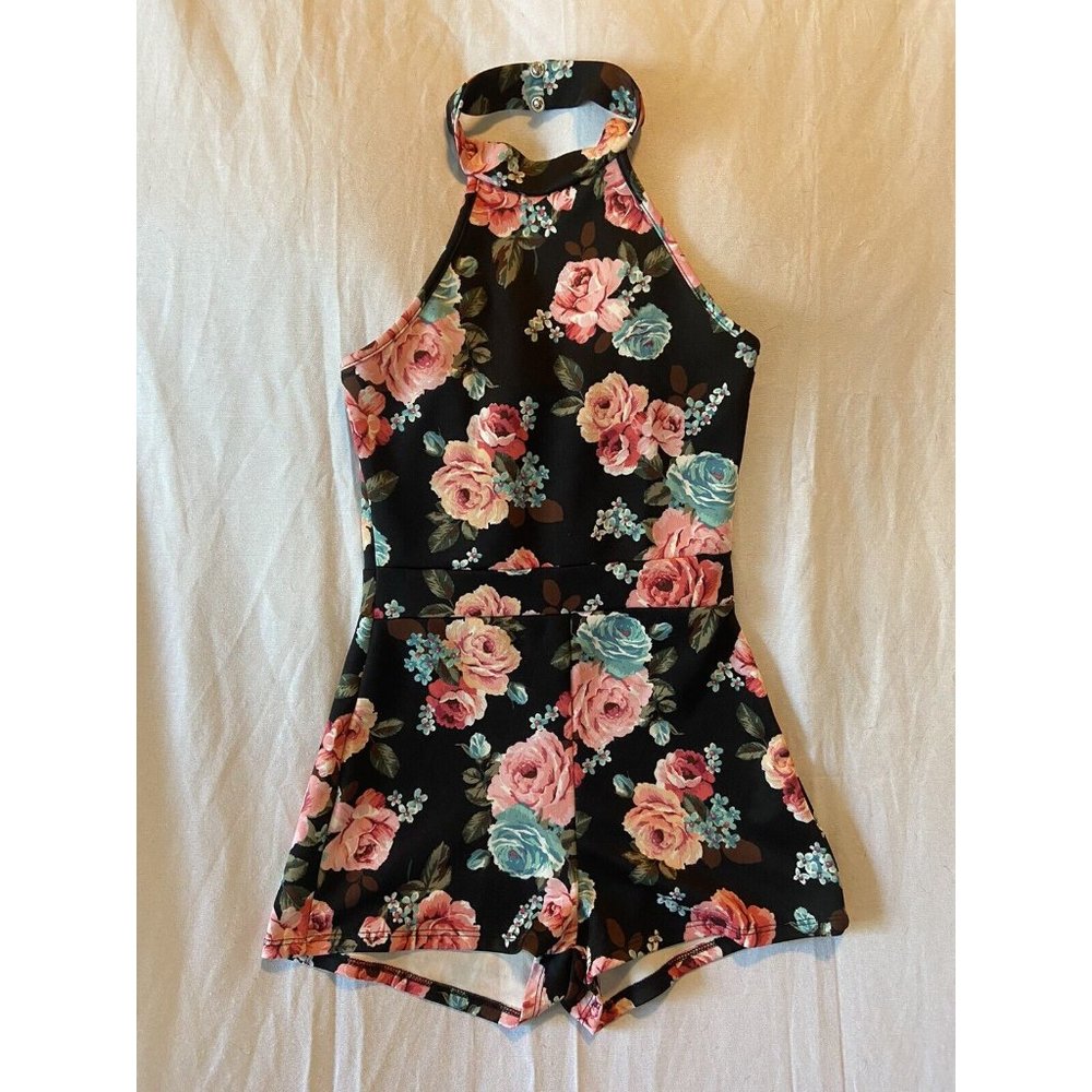 Maru Women's Sleeveless Choker Neck Black Floral Romper Small